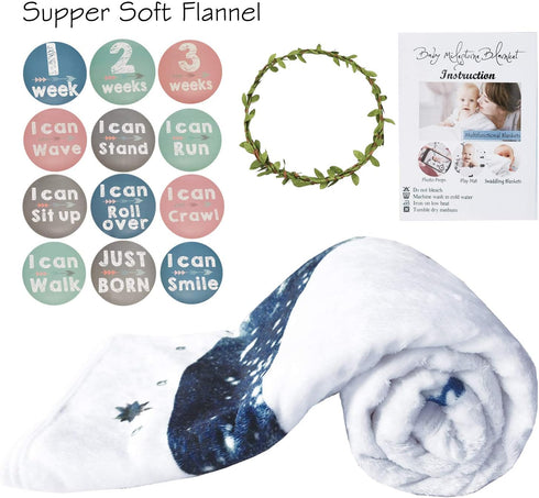12 51''x40'' Moon Baby Monthly Milestone Blanket - Boy & Girl, Soft Plush Photo Prop, Wreath & Stickers, Large