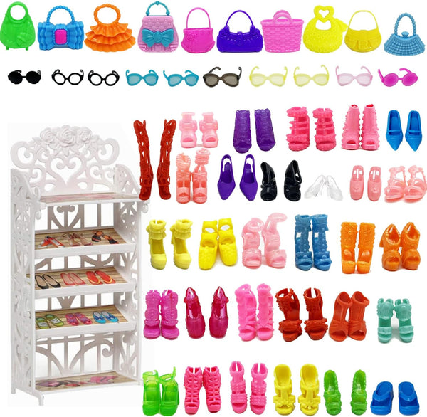 Doll Shoes Rack with 30 Pairs Doll Shoes, 10 Doll Handbags, 10 Doll Glasses, Assorted Colors for 11.5 Inch Girl Doll