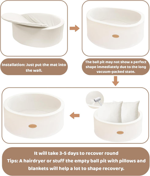 Baby Ball Pit - Soft Round Memory Foam Playpen for Indoor Outdoor Use, Balls Not Included (White)