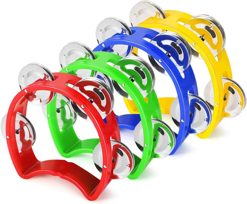 Flexzion Half Moon Musical Tambourine Set of 4, Red Yellow Blue Green, Hand Held Percussion Drum with Jingles