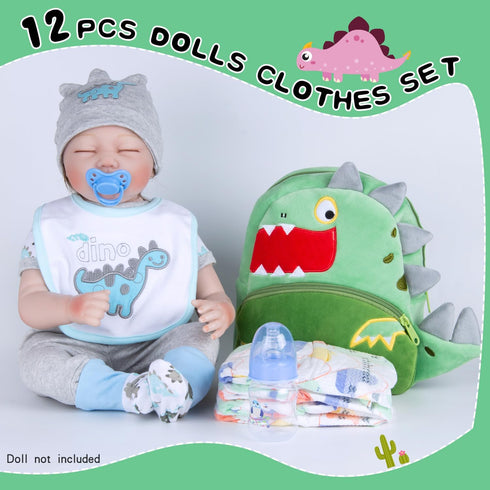 Set 12 Set 17-22 Inch Backpack PEDOLLTREE Reborn Baby Dolls Clothes Accessories Dinosaur Outfit Pcs for Reborn Doll