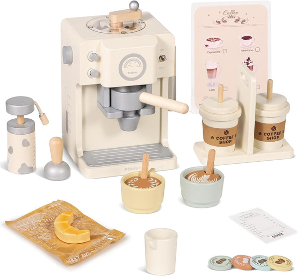 Pithfor Kids Wooden Coffee Playset with Grinder, Toy Coffee Maker for Kids