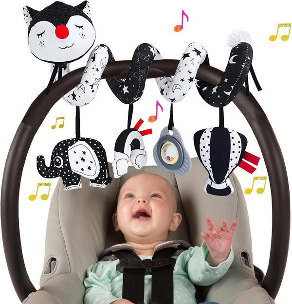 Car Seat Toys for Infants 0-6 Months, High Contrast Hanging Toys for Baby Carseat, Developmental Toys with Music