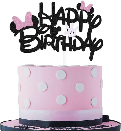 Black Glitter Minnie Inspired Happy Birthday Cake Topper with Pink Bows for Girls Birthday Party