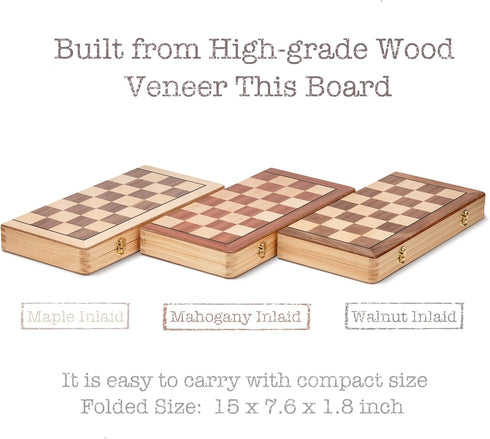 Lingle 15 Inch Travel Wooden Folding Chess Set with 3 Inch Kh Chess Pieces - Walnut & Maple Inlay Board