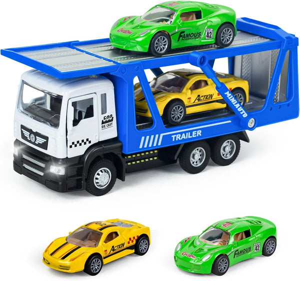 Transporter Carrier Truck Toys with 2Pcs Toy Cars Set - Pull Back Cars with Lights and Sound Trailer Vehicles for Boys