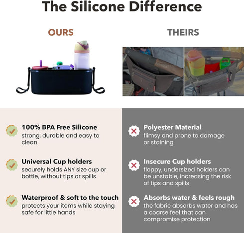 roo go Universal Silicone Stroller Organizer | Waterproof, Easy-Clean Caddy with Secure Cup Holders & Organized