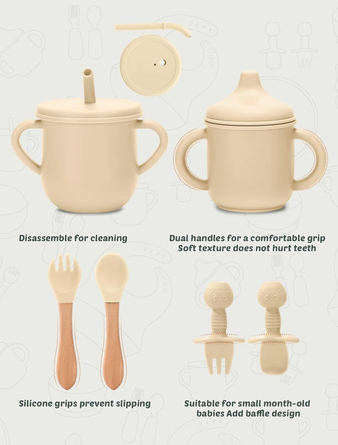Set 9 Silicone Baby Feeding Pcs, Spill-Proof Suction Plate, Bowl, Bib, Silicone spoon&forks, Wooden Spoons&forks
