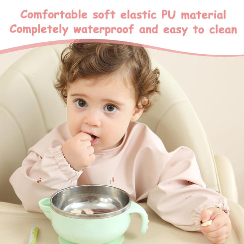 Baby Bibs with Long Sleeve Bib & BLW, Coverall Bibs for Baby Feeding, PU Soft and Skin-Friendly Material, Machine