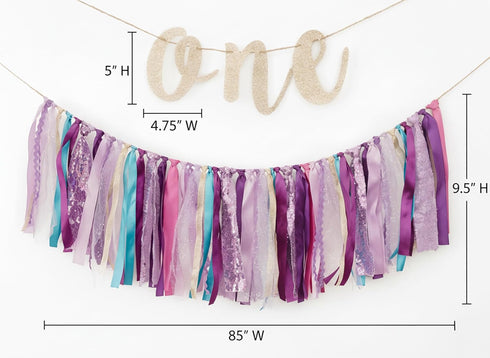 1st Set PapaKit Girl Birthday High Chair Premium Decoration - Sparkle Purple & Teal Ribbon Garland, Crown, One Banner