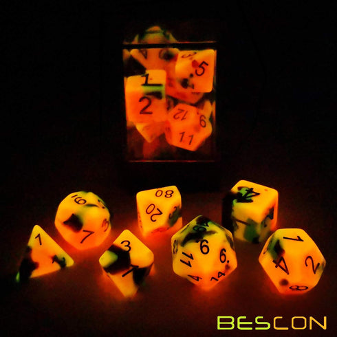 Bescon Two-Tone Glow-in-The-Dark Polyhedral Dice Set, Luminous RPG Dice Set d4 d6 d8 d10 d12 d20 d% Brick Box Pack