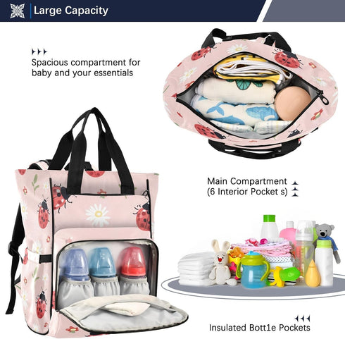 PaChyLuu Backpack Lady Bugs on Pink Diaper Bag Waterproof Travel Baby Bag with Stroller Straps Large Capacity Multi