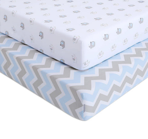 OptimaBaby Elephant Chevron Fitted Crib Sheets, Blue, 2 Count