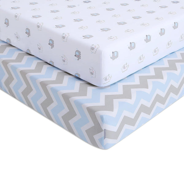 OptimaBaby Elephant Chevron Fitted Crib Sheets, Blue, 2 Count
