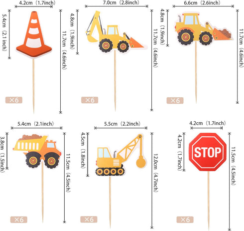 36 PCS Construction Cupcake Toppers Stop Sign Dump Truck Excavator Tractor Party Cake Food Picks for Baby Shower