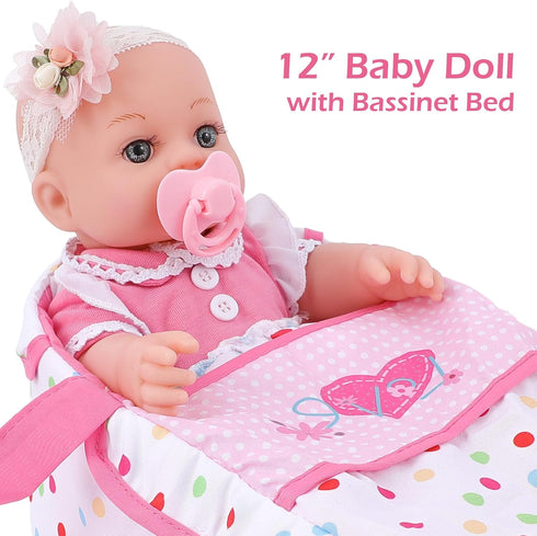 12 Inch 36 DONTNO Baby Doll with Bassinet Bed,Reborn Alive Doll Includes Clothes