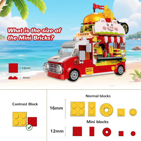 ecpoteny Set, 566PCS Playset 6+ Piggy Burger Truck Mini Building Creative Fast Food Truck City Car Toy, Imaginative