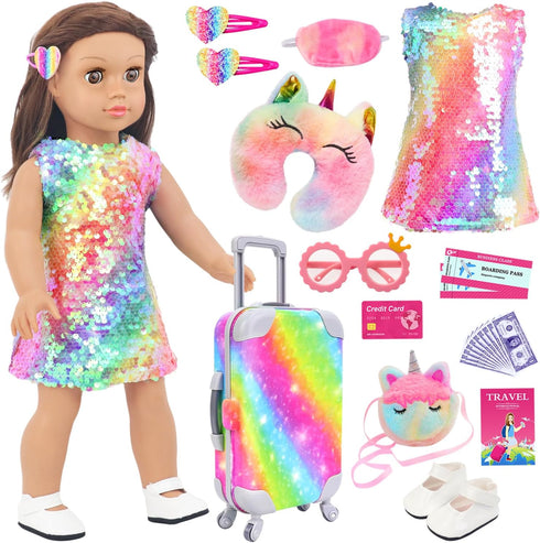 23 18 Inch Set K.T. Fancy Pcs American Doll Clothes & Accessories, Cute Doll Suitcase with Sequined Dress, Sunglasses