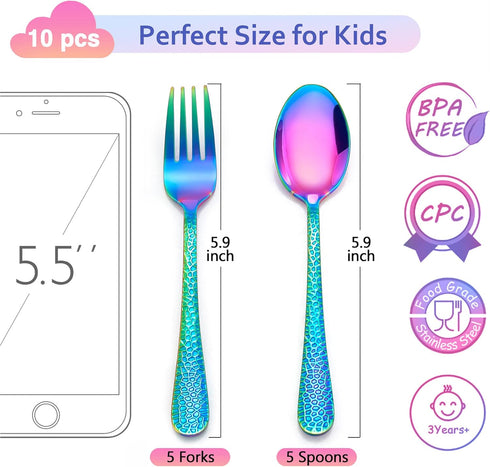 LIANYU 10-Piece Kids Silverware Set, Rainbow Toddler Utensils Flatware Set, Stainless Steel Child Preschooler Cutlery Set, Includes 5 Kids Spoons, 5 Kids Forks, Dishwasher Safe by LIANYU