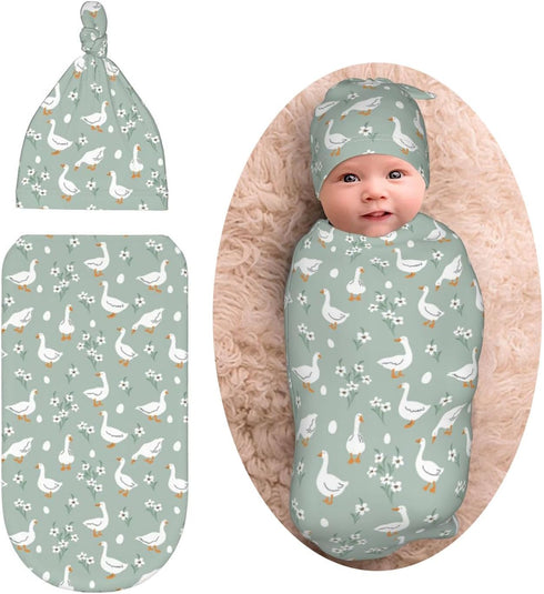 Broiteid Cartoon Goose Baby Stuff Newborn Baby Swaddle Blanket with Beanie Hat,Swaddle Blanket