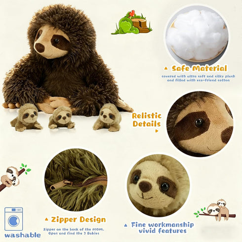 11.02" 3 Sloth Plush Animal, Cute Stuffed Sloth with Baby Sloths, Easter Stuffed Sloth Animal, Washable Plush Toys