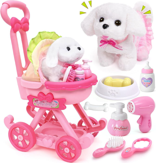Golray Dog Toys for Kids Girls, Electronic Interactive Stuffed Dog Plush, 10 Pcs Toddler Girl Toy Dog Puppy Care Set