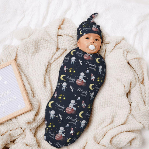 Munific Set Personalized Baby Swaddle Blanket for Boys, Custom Name Space Receiving Blanket with Beanie Knotted Hat