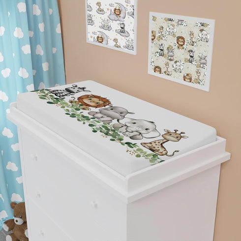 Baby Safari Animals Changing Pad Cover, Cute Lion Elephant Giraffe Zebra, 32"x16" Green Eucalyptus Leaves