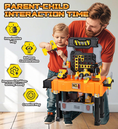 2-in-1 Toolbox 3-5, Lehoo Castle Kids Tool Bench with Electric Drill and Construction Vehicles, Workbench