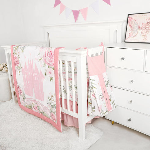 4-Piece Set Set TANOFAR Crib Bedding for Baby Girls, Floral Castle Nursery Bedding Includes Comforter, Fitted Crib