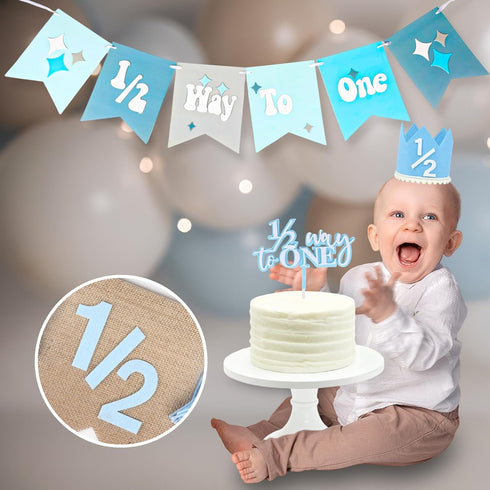 Vnysh 1/2 4PCS 6 Set 1/2 6 Birthday Boy Half Birthday Decorations Blue Month Party with Way to One Banner, Halfway High