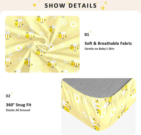 miaozhen 1 Pack 52x28 Cotton Baby Crib Sheets for Boys Girls Comfy Breathable Bumble Bees Yellow Cute Toddler