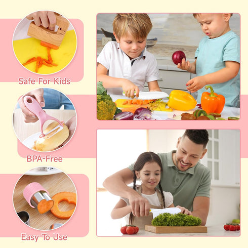 Set 2-10 Suhctuptx Kids Knife for Real Cooking, Kids Kitchen Knives with Cutting Board Crinkle Cutters Cleaning Tools