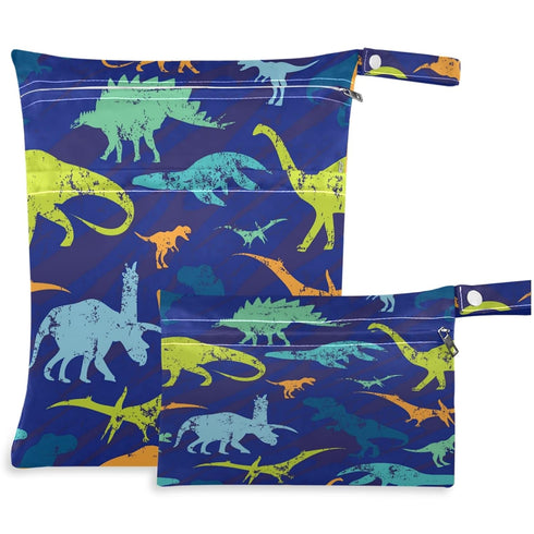 visesunny Vintage Dinosaur Animal 2Pcs Wet Bag with Zippered Pockets Washable Reusable Roomy