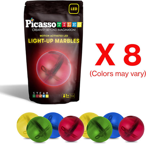 8pc PicassoTiles Motion Activated Marbles LED Light-Up Glow in The Dark Translucent Balls for Marble Run Race Racetrack