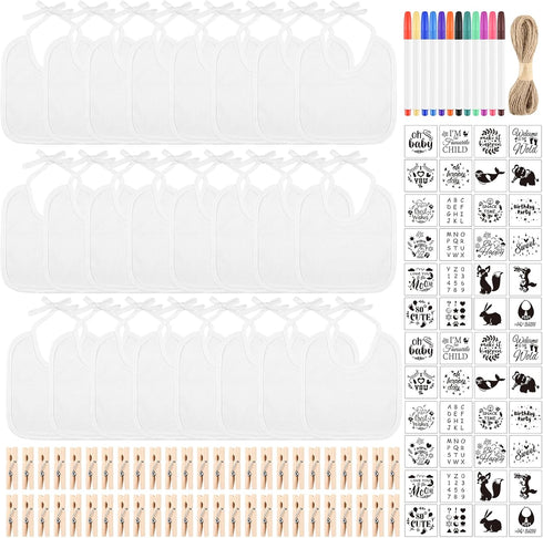 110 Pcs DIY Baby Bibs Decorating Set Includes 24 White Bibs, 12