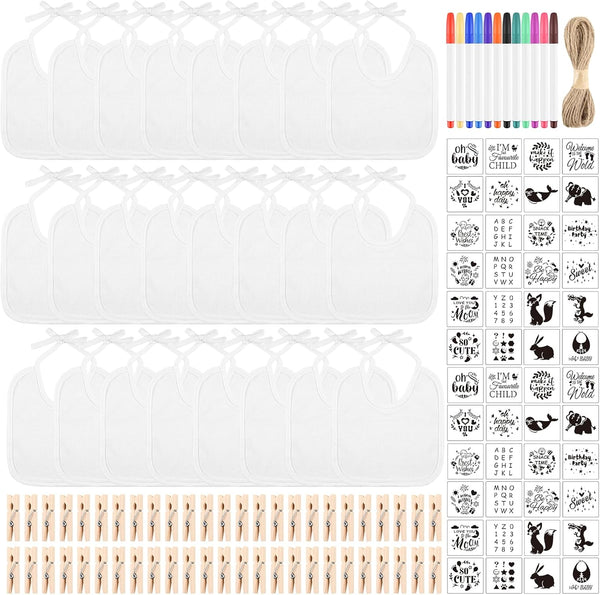 110 Pcs DIY Baby Bibs Decorating Set Includes 24 White Bibs, 12