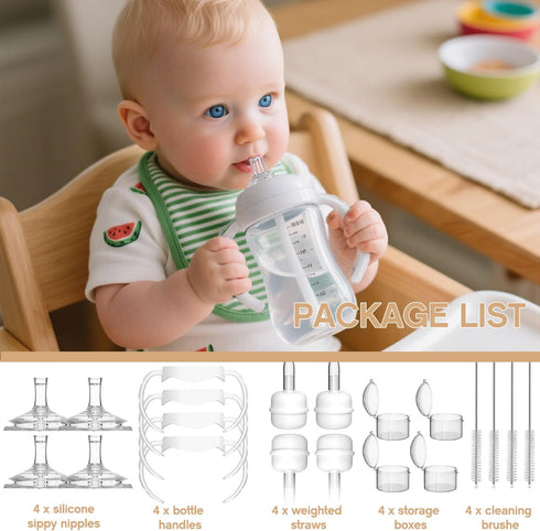 Cathill 8m+, 4 Pack Straw Sippy Cup Conversion Kit for Dr Browns Wide-Neck Baby Bottles, Sippy Cups Transition Kit