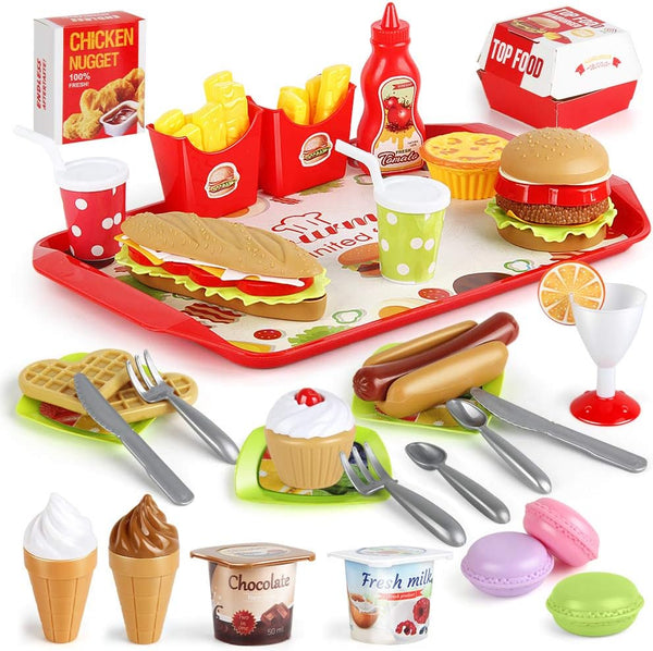 Fast Food Set - 59 PCS Kitchen Toy Set for Pretend Play, Removable Food Toys, Party Favor Stocking Stuffers