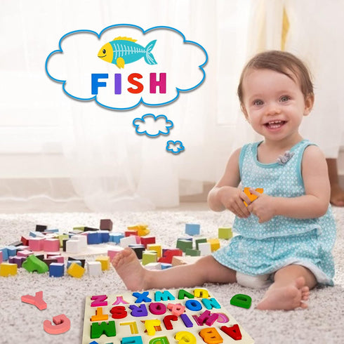 Alphabet Puzzle Wooden Puzzles for Toddlers 1-5 Years Old, ABC Shape Learning Toys with Board & Letter Blocks