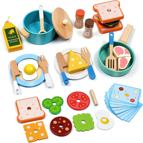 35 PCS Wooden Play Kitchen Accessories, Pretend Play Kitchen Toys for Kids