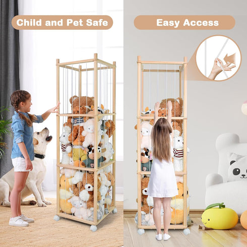 BENCHRY Bedroom-54.3 Inch Stuffed Animal Storage, Wood Stuffed Animal Zoo Storage with Brake Wheels, Space Save Toy