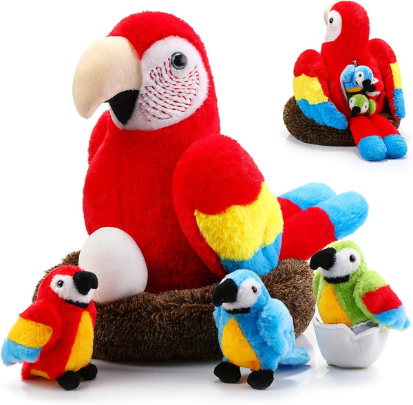 Meooeck 7 Pcs Macaw Parrot Plush Toys Set | 13 Inch Large Mommy Parrot with Nest, Egg & 3 Cute Baby Plushies