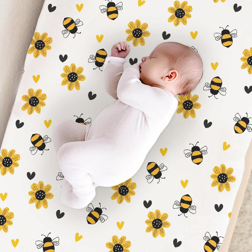 KuphiL10C Girls-16x32 Cartoon Bee Sunflowers Floral Hearts Pattern Baby Changing Pad Cover, Unisex Bee Nursery Diaper