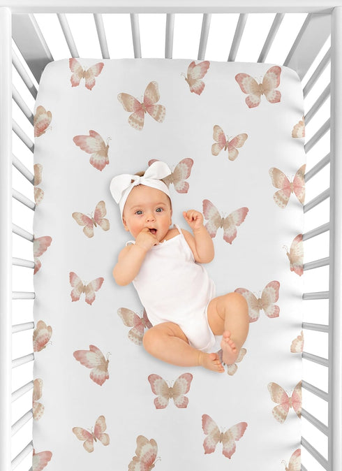 Sweet Jojo Designs Fitted Baby Crib Sheets (Pink and Taupe Boho Butterfly) for Girls, Infant Nursery, Toddler Room