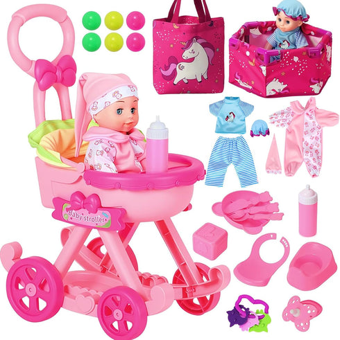 HUITEM Baby Doll Stroller Toys Set, 17 PCS Baby Doll Accessories Stroller