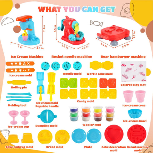 Rodsucs 3-in-1 Sets 4-8, 3-12, (12 Color Dough for Kids Ages Ice Cream Hamburger Noodle Maker Toy for Kids Arts &Crafts