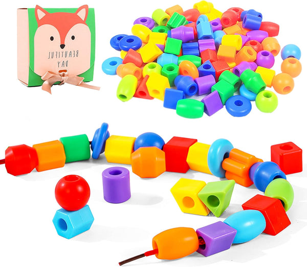 Plastic Lacing Beads for Kids (70 pcs) - Fun Shapes, Long String, Brilliant Colors, Educational Fine Motor Toys