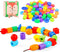 Plastic Lacing Beads for Kids (70 pcs) - Fun Shapes, Long String, Brilliant Colors, Educational Fine Motor Toys