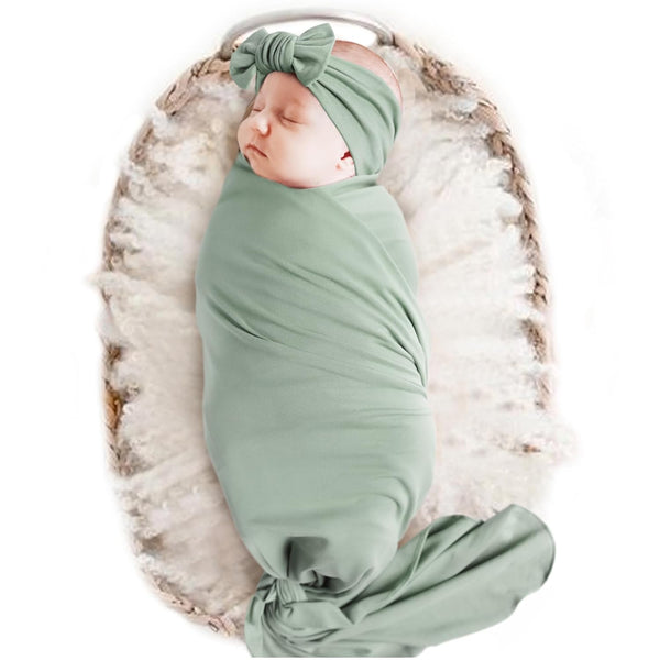 Konssy Baby Girl Newborn Receiving Blanket with Headband Set, Nursery Swaddle Wrap (Light Green)